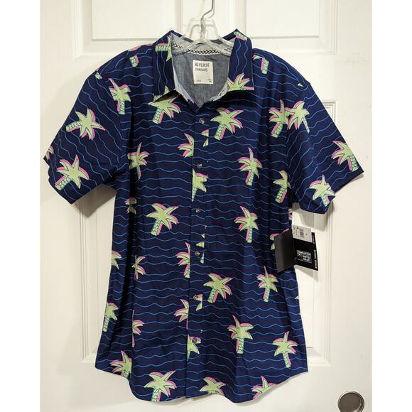 Reverse Threads Men's Navy Palm Tree Button Up Short Sleeve Hawaiian Shirt XL - Picture 7 of 7